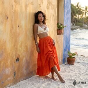 Orange Mexican Gauze skirt good for beach wear yoga one size 24 x 32 maxi skirt